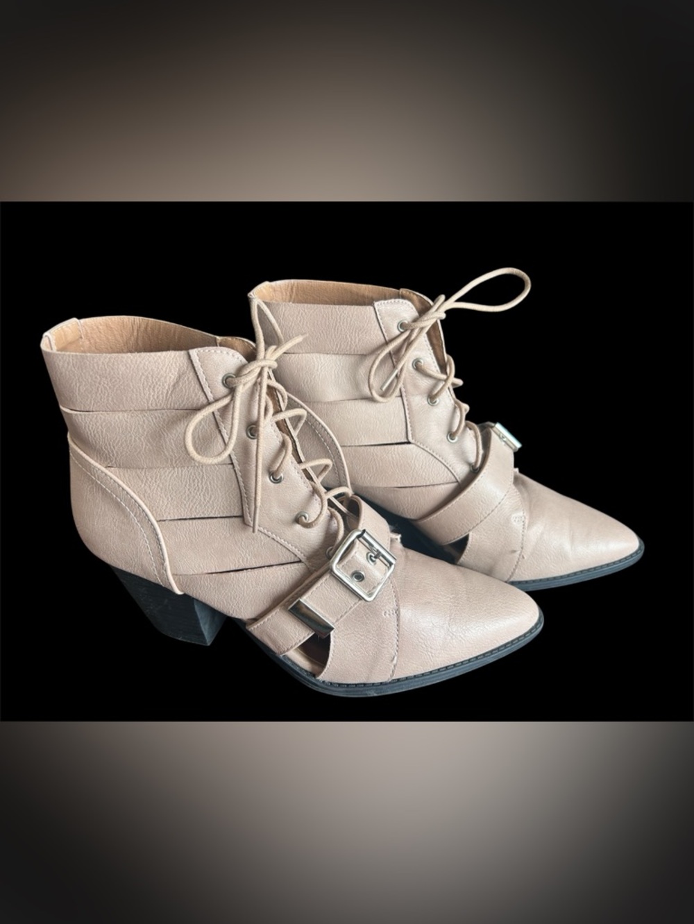 Blush Pink Lace-Up Ankle Boots with Buckle Accent.Size 8